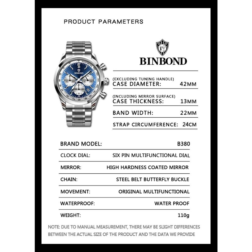 BINBOND Top Brand Luxury Man Watches Waterproof Luminous Date Chronograph Men's Quartz Watch Stainless Steel Sports Watch