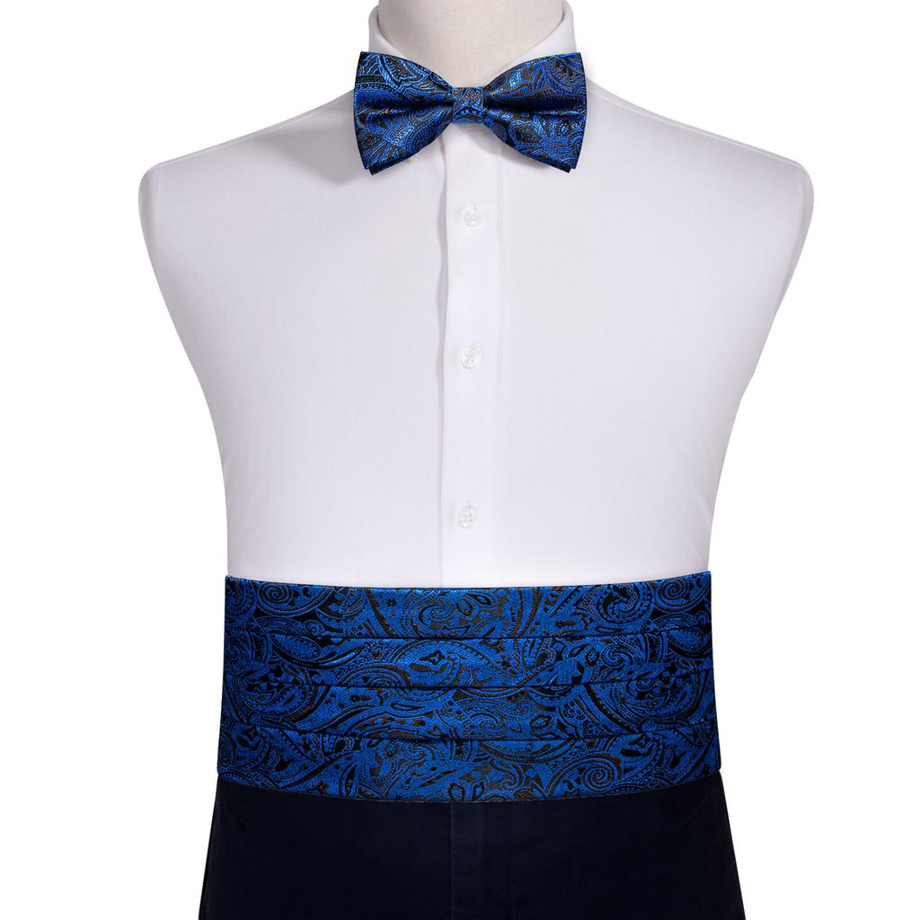 Barry.Wang Mens Cummerbund Belt and Bowtie Set Silk Pre Bow Tie Hanky Cufflink Set