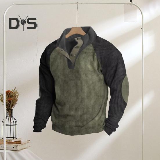 Весна Осень Мужская Толстовка Цветные Блоки Пэчворк Ретро Стиль Полуоткрытый Воротник-стойка Топ Плюс Размер Свободный Длинный Рукав Топ Повседневная Жизнь Офис