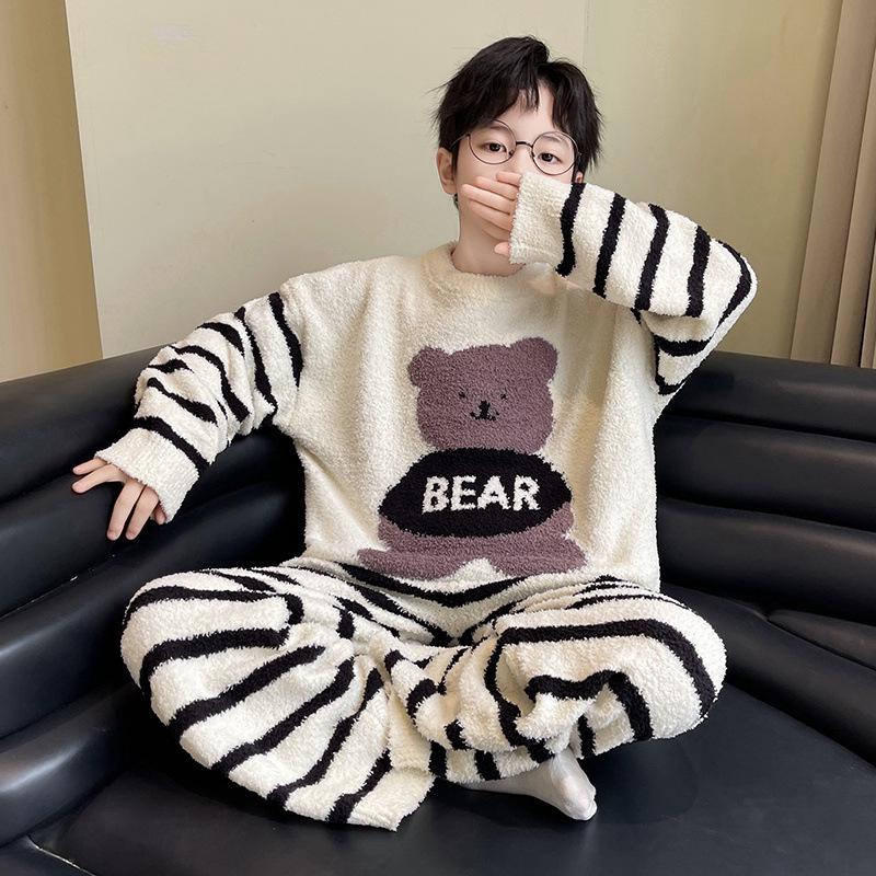 Полосатый мультяшный пижамный комплект для мальчиков на осень/зиму: Мягкий, Плотный и Пушистый Двухпредметный