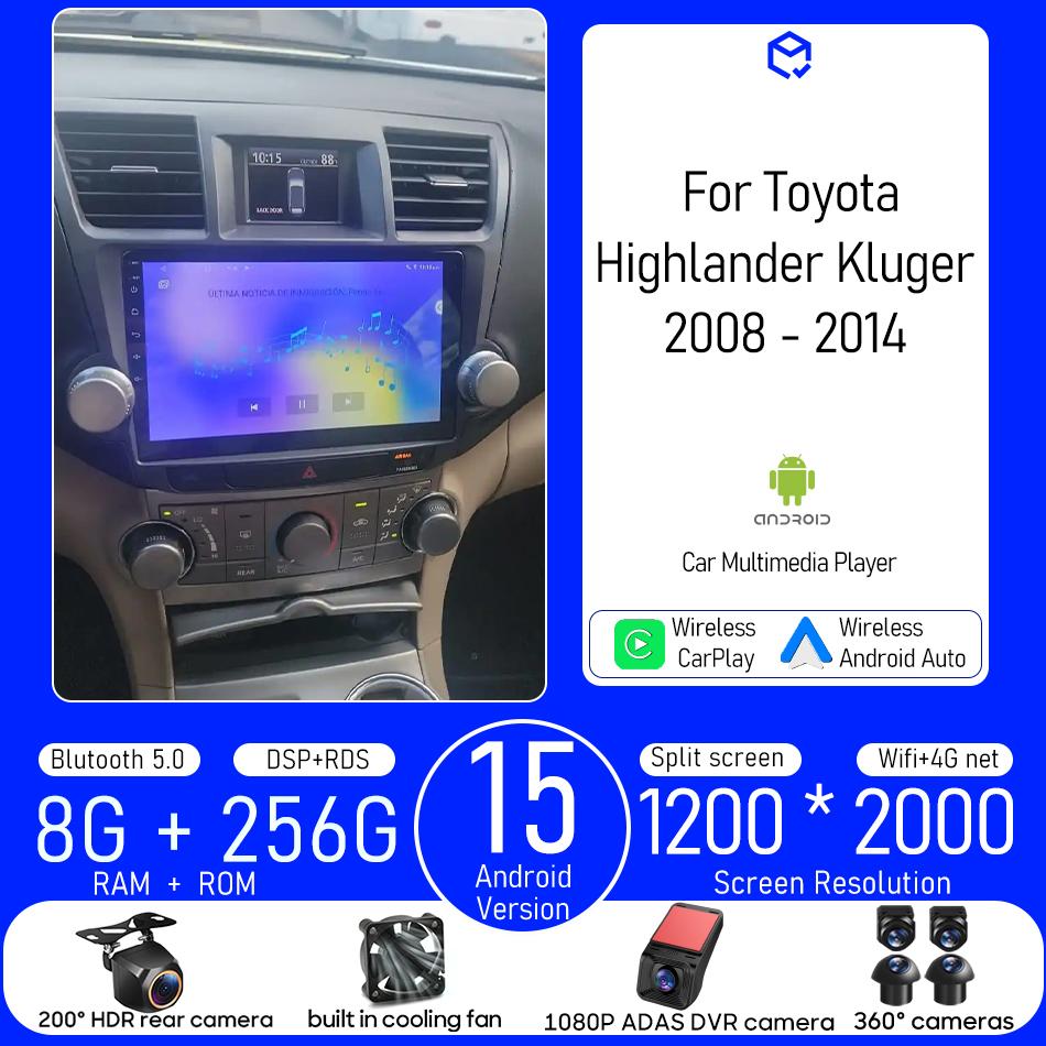 Android pour Toyota Highlander Kluger 2008 - 2014 lecteur multimédia de voiture Radio de Navigation Carplay Auto vidéo stéréo GPS 2din DSP
