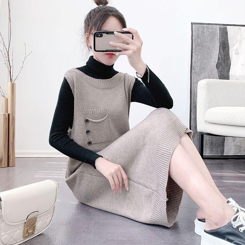 And Female Pullover Autumn Vest Winter Loose Knitted Mid Length Sweater Vest Skirt Bottom Dress Strap Dress Sweater Female Tops