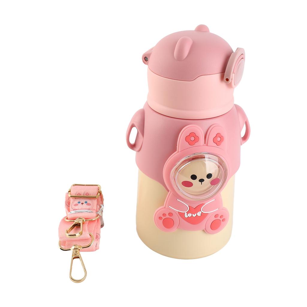 Kids Insulated Water Bottle Cartoon Cute Stainless Steel Water Flask With Straw and Strap for