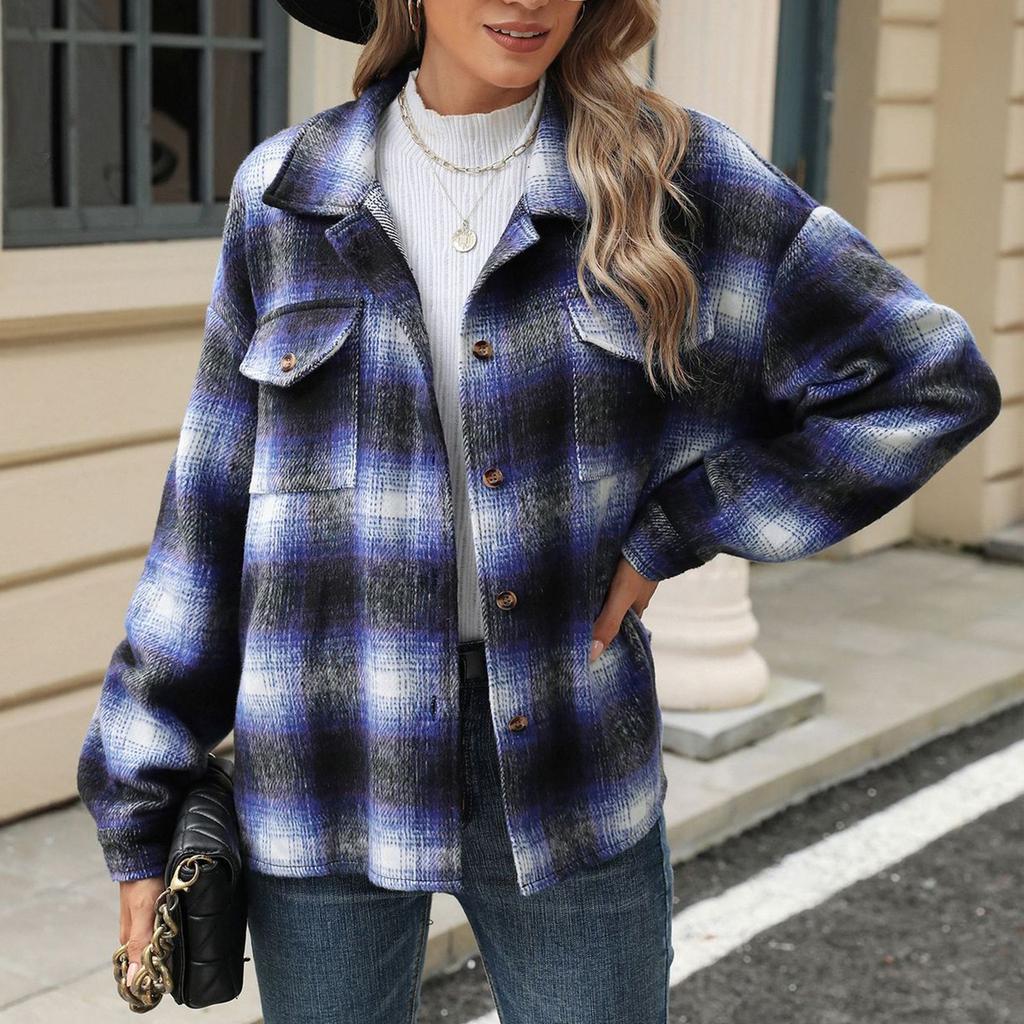 Женская свободная повседневная клетчатая шерстяная куртка с длинными рукавами и лацканами, модная куртка