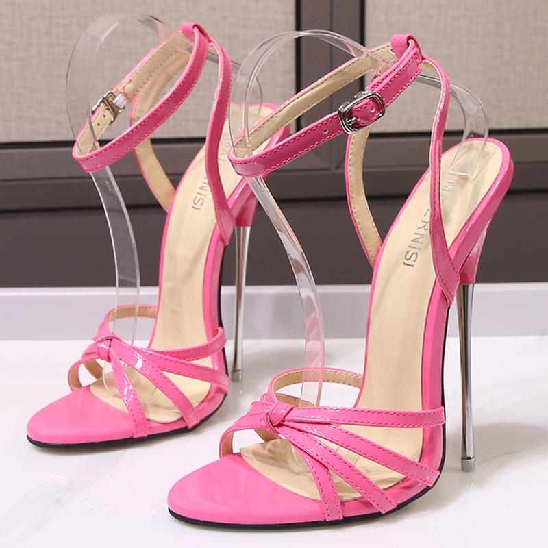 Босоножки на ремешках Женские Летние Роскошные 16 см Металлические Экстремально Высокие Каблуки Шпильки Обувь для Стриптиза Большого Размера Розовые Красные Танцевальные Туфли для Мужчин