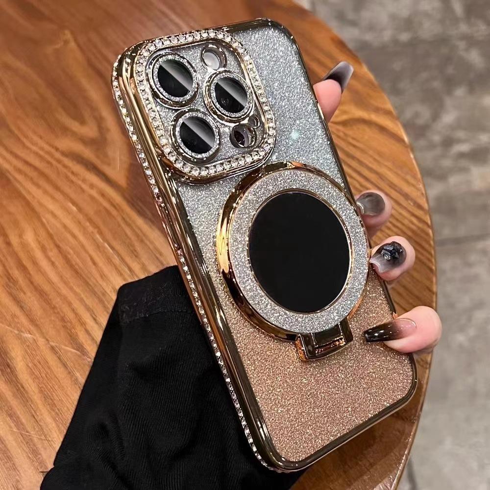For IPhone 17 Luxury Electroplated Rhinestone Glitter for Apple 16 Promax Phone Case Mirror Magnetic Bracket 15