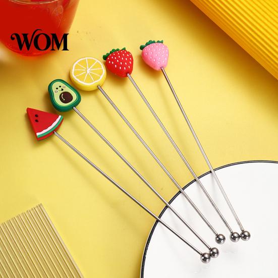 Cartoon Fruit Stirrer Cocktail Stir Stick, Stainless Steel Mixing with Durian Pineapple Strawberry Smooth Stick Watermelon Rubber Top Decor, Drink for