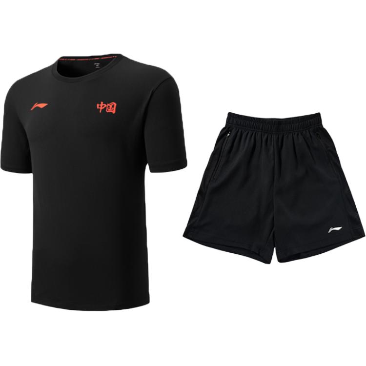 Li-Ning Летний мужской удобный универсальный простой круглый вырез пуловер дышащий приятный для кожи повседневный спортивный костюм унисекс костюм Черный AHSVE27-1+YATV113-1