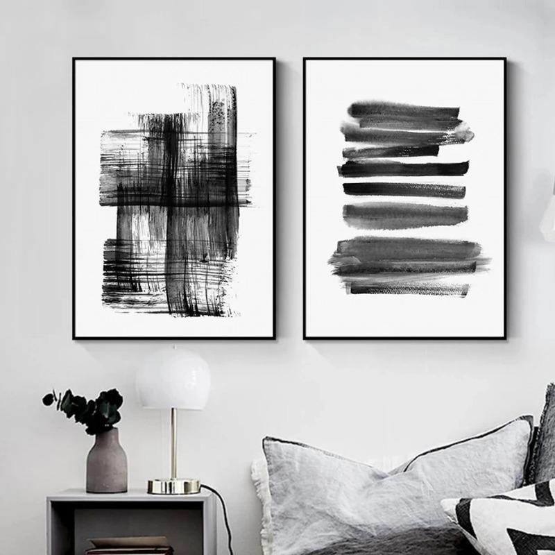 Abstract Brush Strokes Black and White Ink Canvas Printing Paintings Posters Wall Art Pictures for Living Room Home Decoration