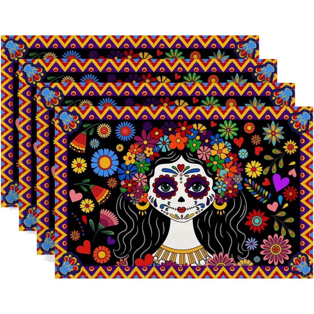 Набор из 4 льняных салфеток на стол 'День Мертвых' Dia De Los Muertos Мексиканский Алтарь Мертвых Украшения Сахарный Череп