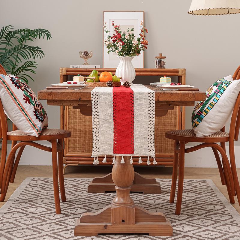 Дорожка для стола с кисточками из хлопка и льна в этническом стиле - легкое роскошное праздничное украшение