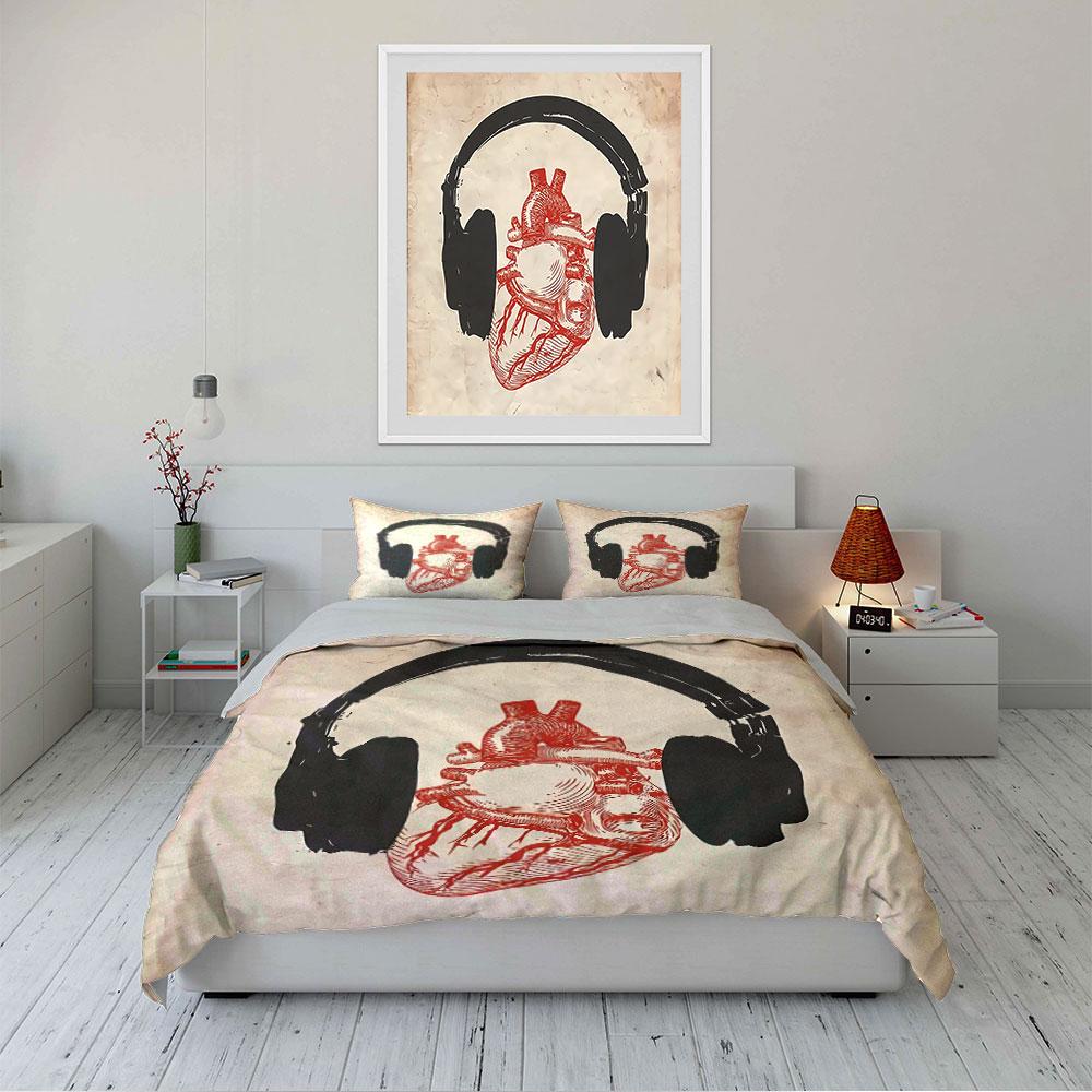 Heart with Headphones Artwork Bedding Duvet Cover Set Duvet Cover Pillowcases (1*Duvet Cover 2*Pillowcases, without duvet insert)