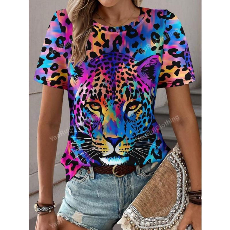 Spring And Summer Leopard Animal 3D Graphic Round Neck Fashion T-Shirt