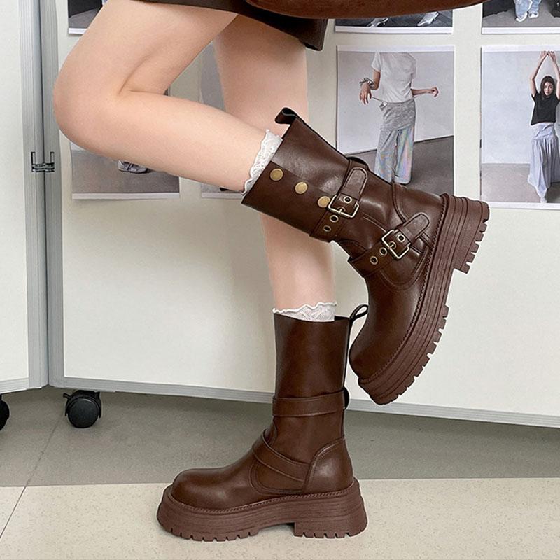 Fashion Brown Retro Chunky Heel Thick Bottom Boots for Woman New Spring Autumn Vintage Heightening Mid-calf Boots Gothic Ladies Shoes