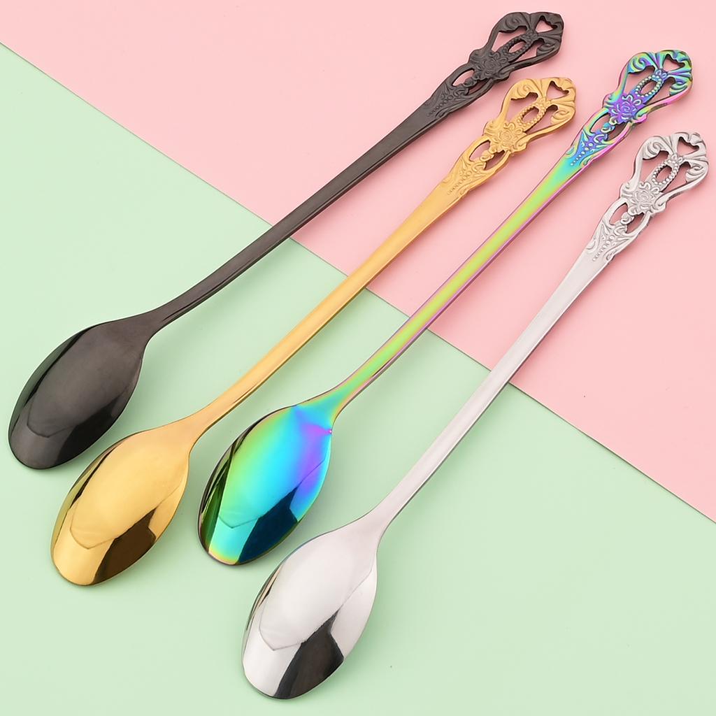 4Pcs Juice Coffee Stirring Cutlery Set Vintage Colorful Teaspoon Dinnerware Ice Cream Long Handle Scoop Tableware Kitchen Tools