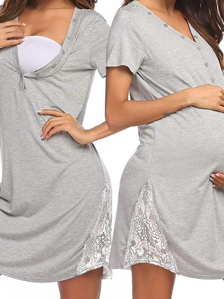 Ночная рубашка для кормящих женщин, платье для беременных, ночная рубашка для сна, v-образный вырез, воротник на пуговицах, ночная рубашка, кружевной подол, одежда для сна для кормления грудью, больничное платье