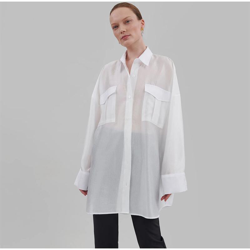 Повседневная свободная рубашка женская весна-лето лацканы пуговицы карманы блузка женская длинный рукав однотонные топы леди прохладный уютный универсальный базовый