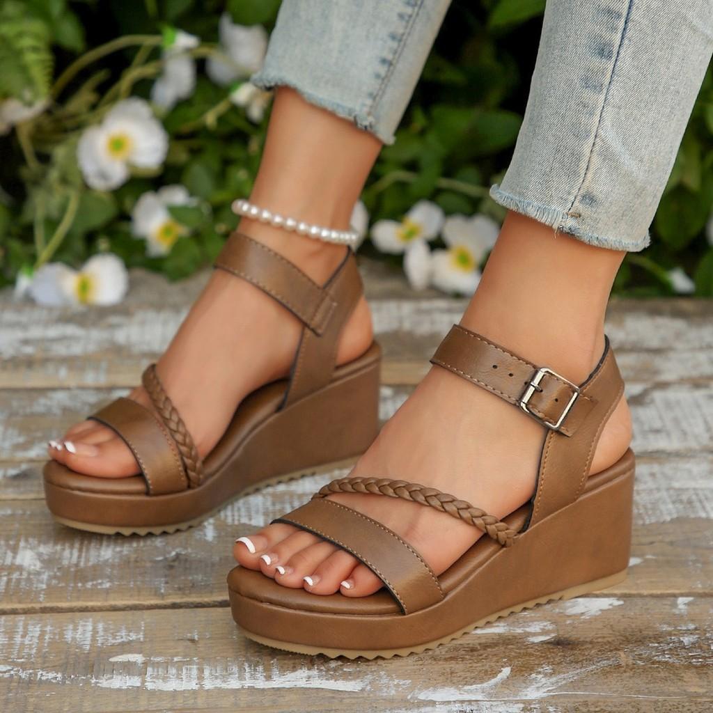 Romana Summer Woven Platform Sandals For Women With Pu Material And Buckle Strap