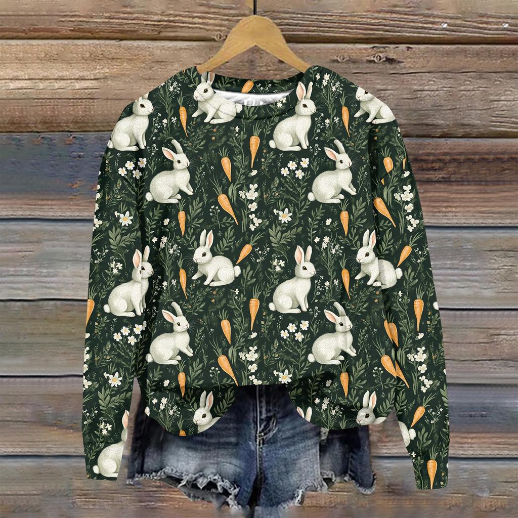 Женская мода Пасха Печатный Длинный рукав Свободный круглый вырез Толстовка Топ