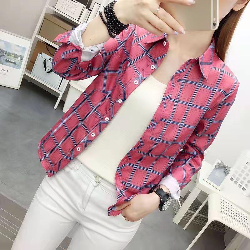 Рубашка большого размера в весеннюю клетку женская с длинными рукавами корейская свободная рубашка в стиле колледжа женская верхняя часть