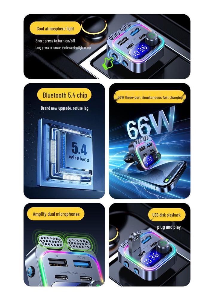 T37 Bluetooth FM Transmitter & Car MP3 Player with Dual Type-C Ports and PD36W Fast Charging