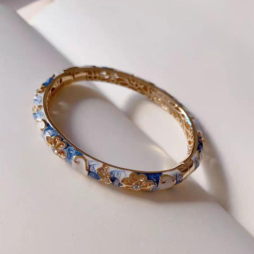 Браслет-открытие со стразами и эмалью Цветочный металлический браслет на руку Китайский браслет-перегородчатая эмаль Чонсам