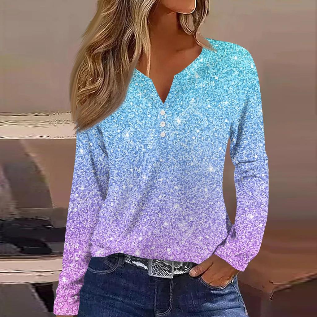 Женская модная повседневная футболка с v-образным вырезом и длинным рукавом с принтом на пуговицах, топы