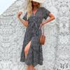2025 новая женская одежда летняя мода средней длины платье с леопардовым принтом и разрезом