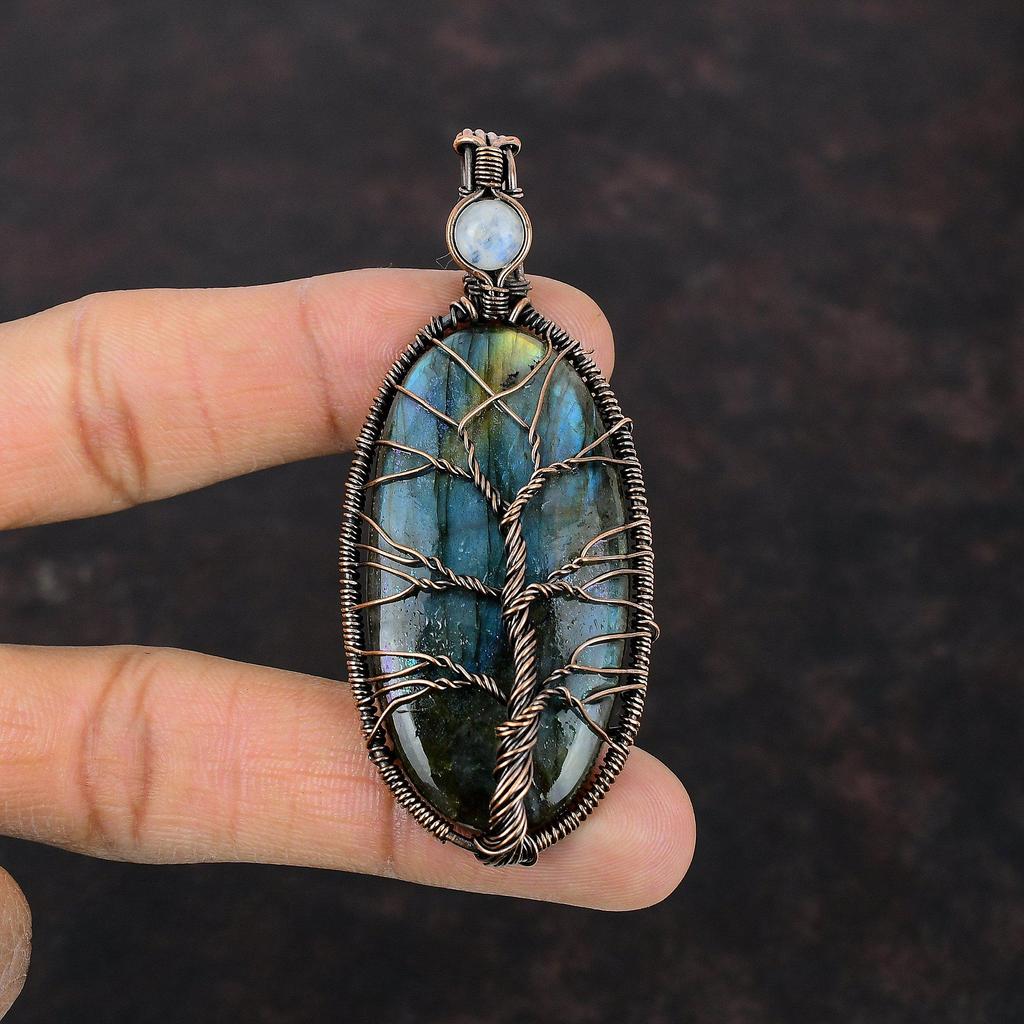 Подвеска из лабрадорита «Дерево жизни», подвеска из медной проволоки, подвеска из радужного лунного камня, подвеска из драгоценного камня, подарок для мамы, ювелирные изделия из меди ручной работы