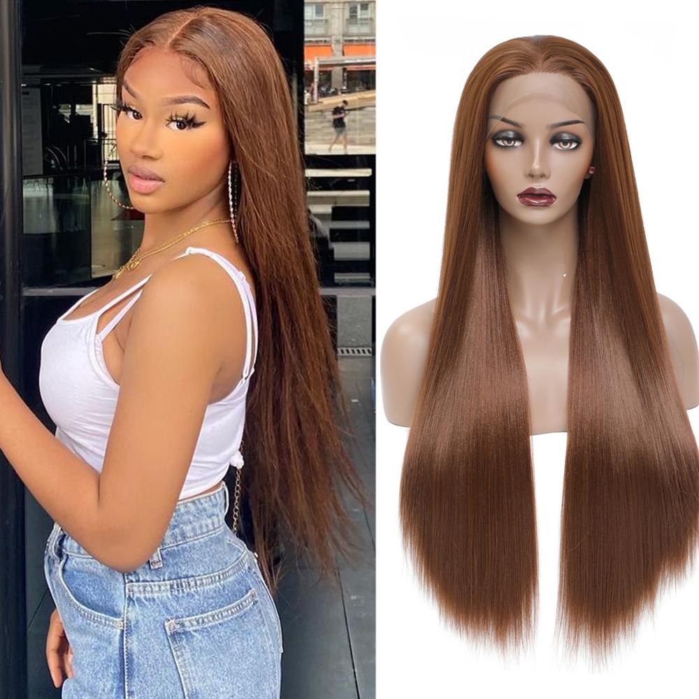 3X13 Lace Frontal Synthetic Wig Long Wavy Hair For Black Women Free Part Brown Color High Density Transparent Lace Front Wig