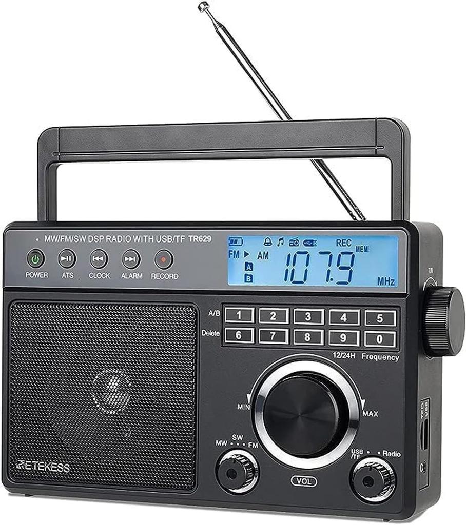 Retekess TR629 Radio Portable Radio Portable Digital Radio AM FM MW Radio Backlight LCD Display Alarm Clock Recording Support Card Function Two Power