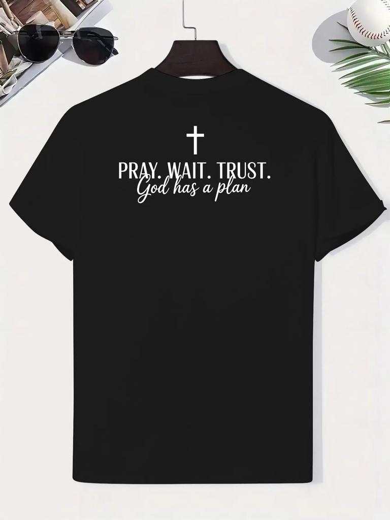 Religious Back Print unisex T-Shirt - Navy Blue "Pray Wait Believe God Has a Plan", Suitable for Church and Casual Wear - Comfortable, Breathable, Mac