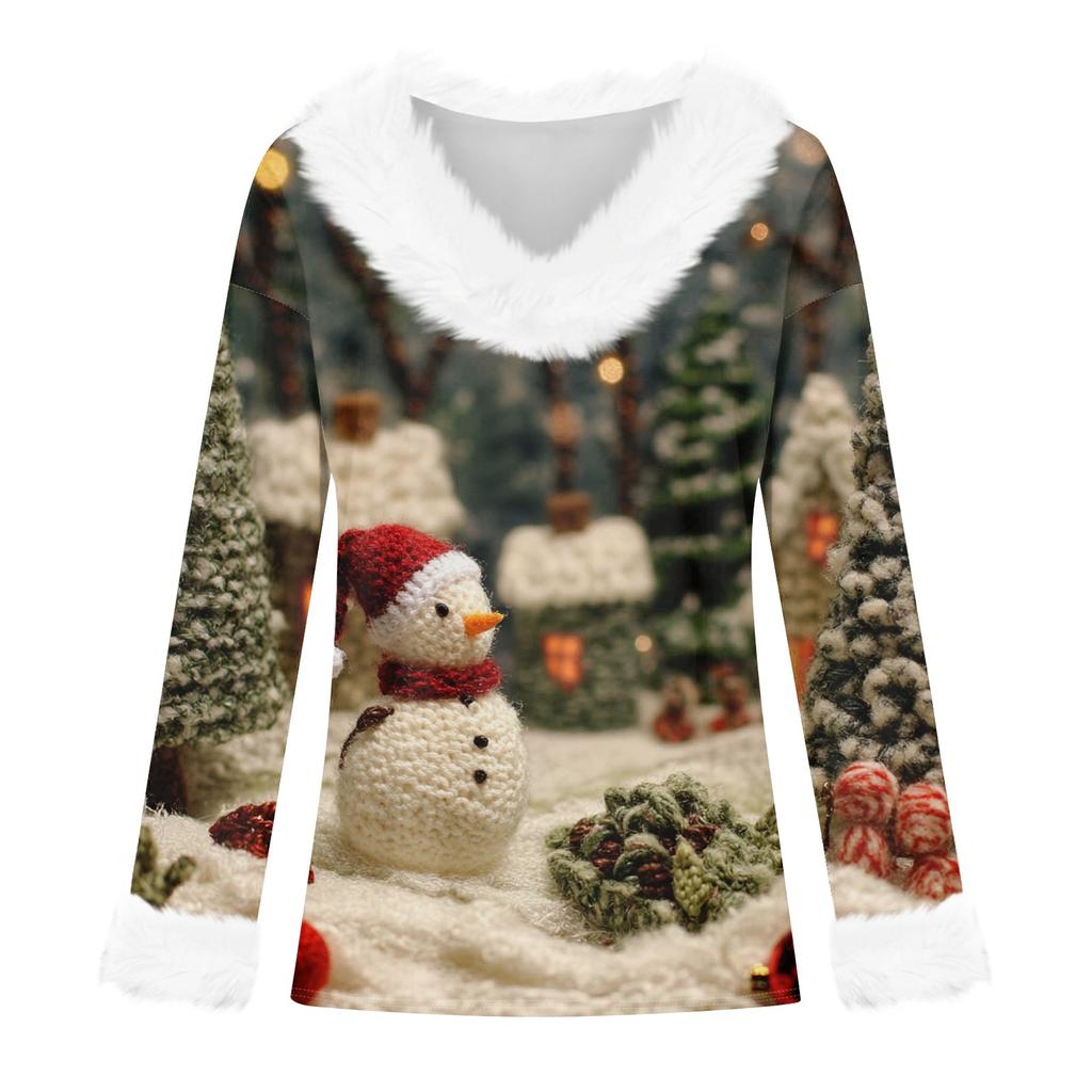 Женский модный повседневный топ с V-образным вырезом и длинными рукавами, рождественским принтом и плюшевым воротником