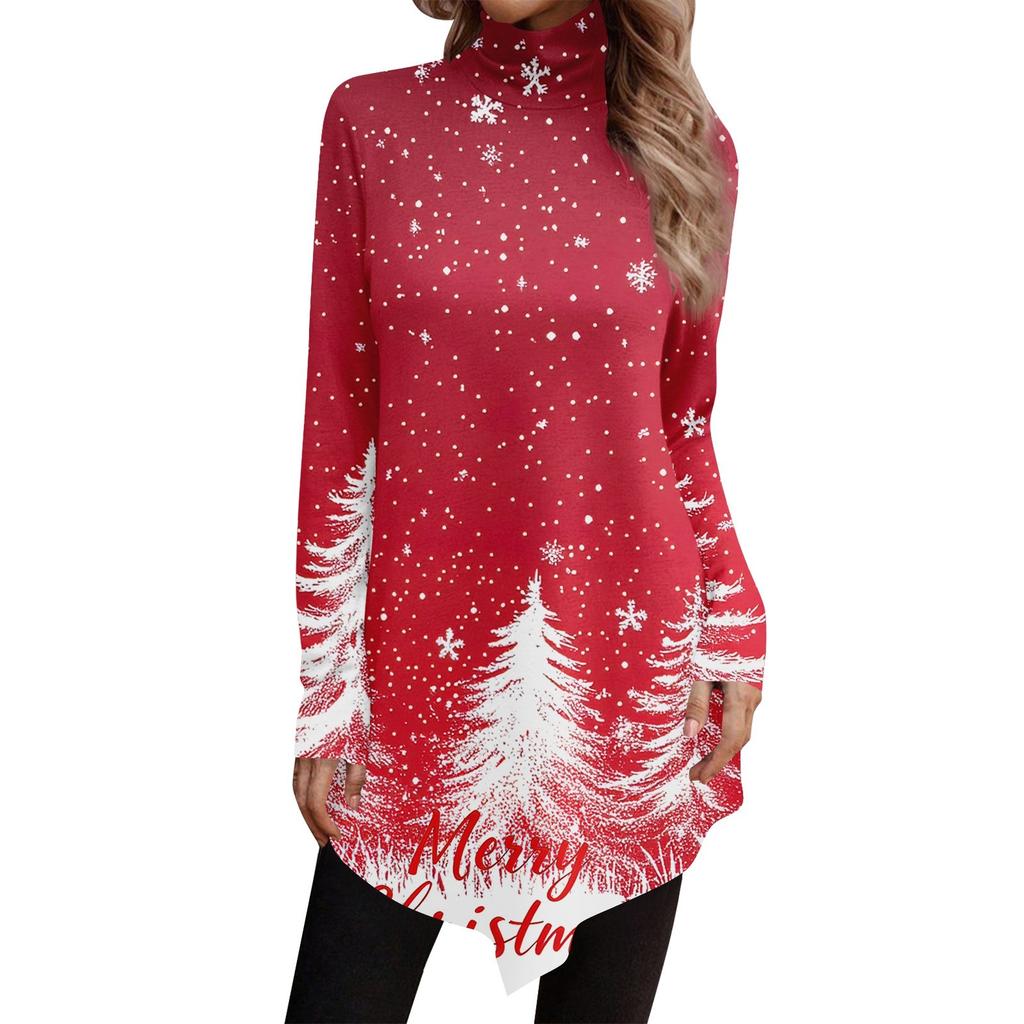 Casual Fashion Christmas Print Shirt Tops High Neck Irregular Hem Long Sleeve Pullover Tops