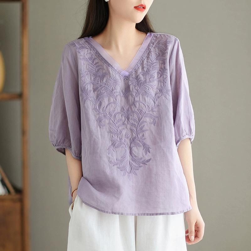 Cotton and Linen Japanese and Korean Five-point Sleeve T-shirt Women's Summer Mother Wear V-neck Embroidered Ladies Top