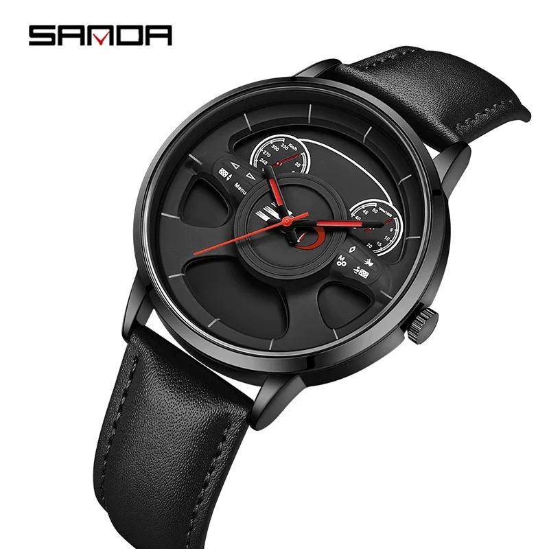 Fashion Sanda Top Brand 1138 New Arrival Leather Band Car Spinning Rim Luxury Men's Custom Design Quartz Waterproof Wheel Watch
