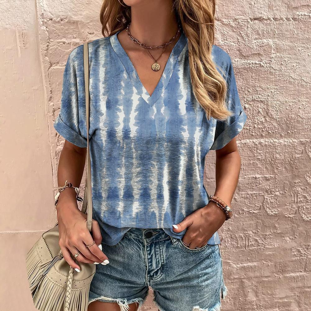 Летняя женская футболка с полосатым принтом, футболка в стиле тай-дай с коротким рукавом, женская одежда, V-образный вырез, свободная блузка, женские футболки