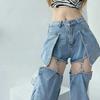 High Street Straight Fake Two Ripped Jeans Summer Women Blue Washed Zipper Removable Fashion High Waist Thin Loose Denim Pants