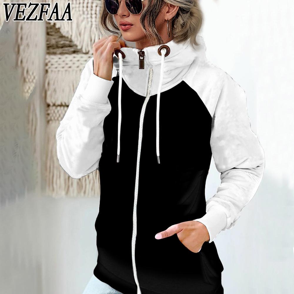 VEZFAA Women's Fashion Casual Spring Fall Solid Color Print Long Sleeve Stand-collar Blouses & Shirts