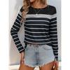 Черная полосатая футболка, женская повседневная футболка с длинными рукавами и круглым вырезом, пуловер для поездок на работу, простая свободная футболка, новая мода на осень