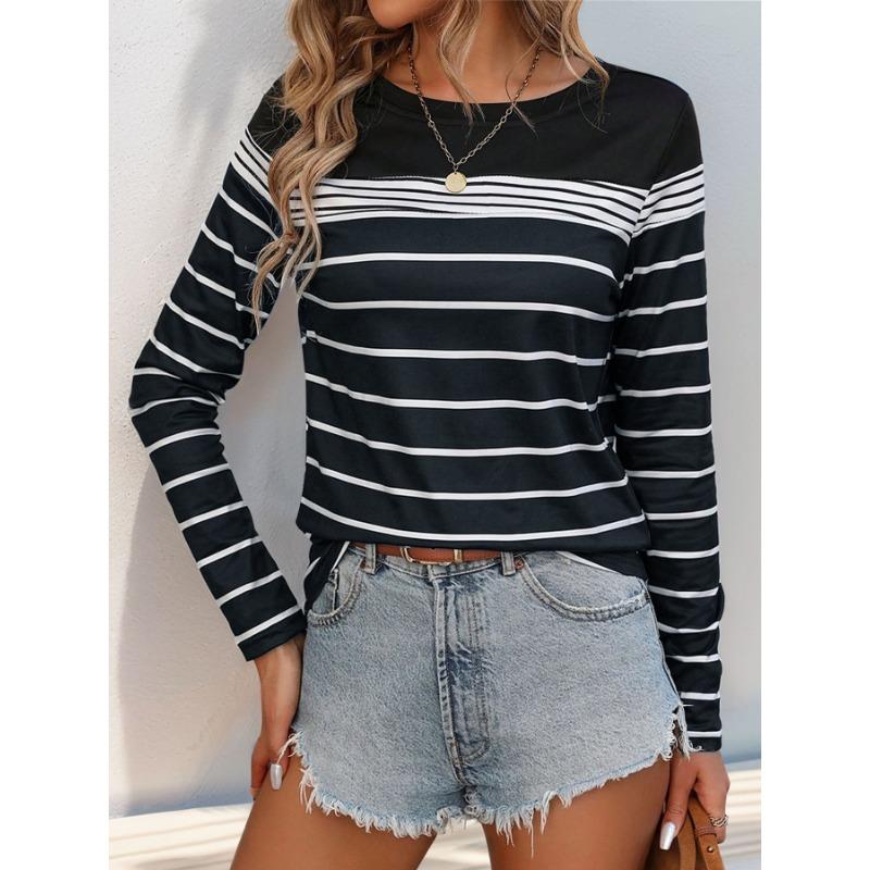 Черная полосатая футболка, женская повседневная футболка с длинными рукавами и круглым вырезом, пуловер для поездок на работу, простая свободная футболка, новая мода на осень