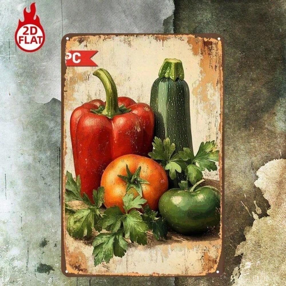 1 шт. Металлическая табличка «Свежие овощи» 8x12 Рустикальный декор для фермерского дома Винтажный Болгарский перец Помидор Огурец Зеленое яблоко Оловянная табличка