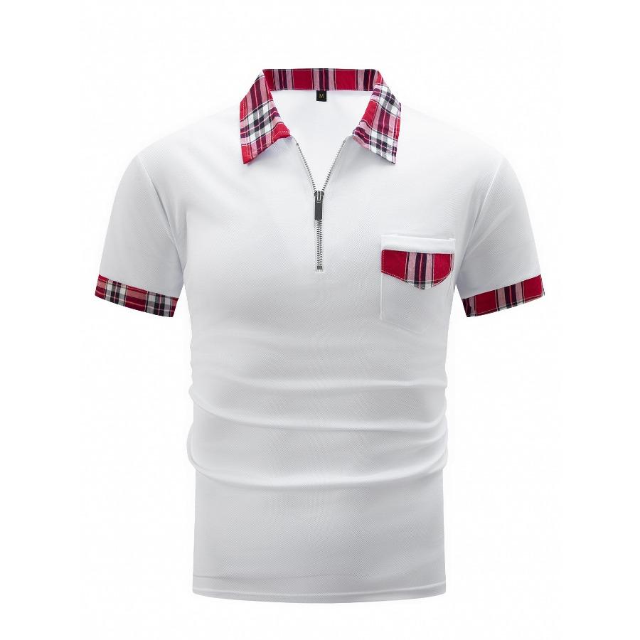 Летняя рубашка поло в клетку, мужская белая, черная, серая, синяя, с карманами на молнии, мужские спортивные рубашки поло с короткими рукавами