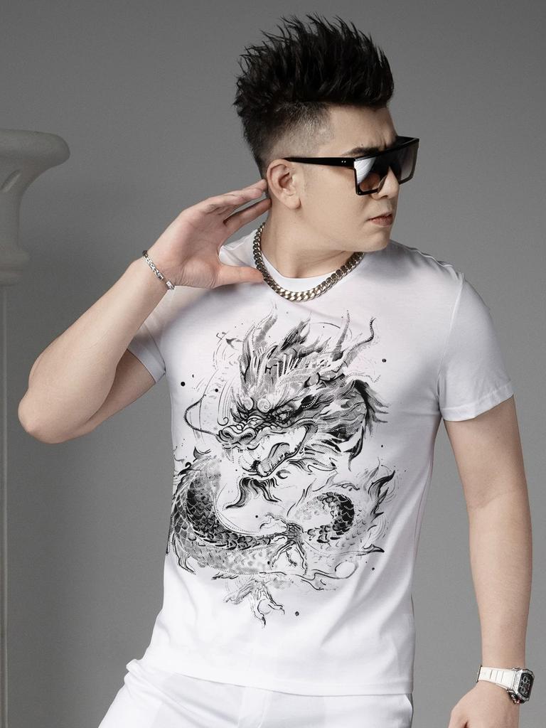 2025 Summer New Trendy Brand Dragon Totem Print Rhinestone Short-Sleeve T-Shirt Men's Casual Top Half-Sleeve Tee Shirt