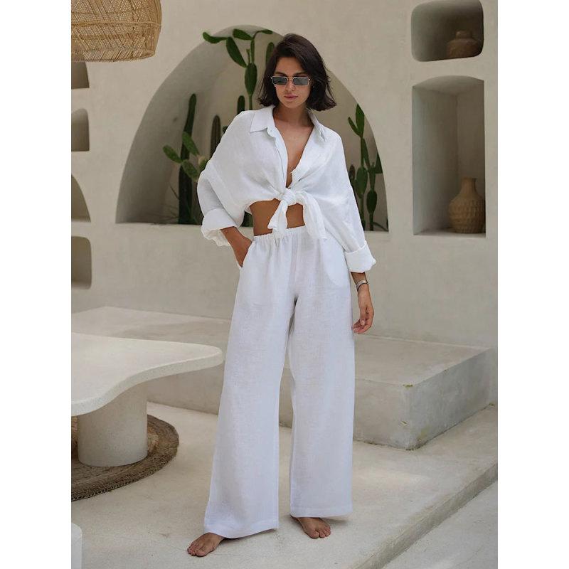 Tooxika Ladies Новый свободный комплект из хлопковой рубашки и широких брюк