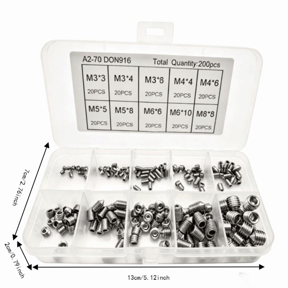 200PCS Silver Grub Screw Set Stainless Steel Inner Hex Screw Concave End Screw  Tight Joint Tool