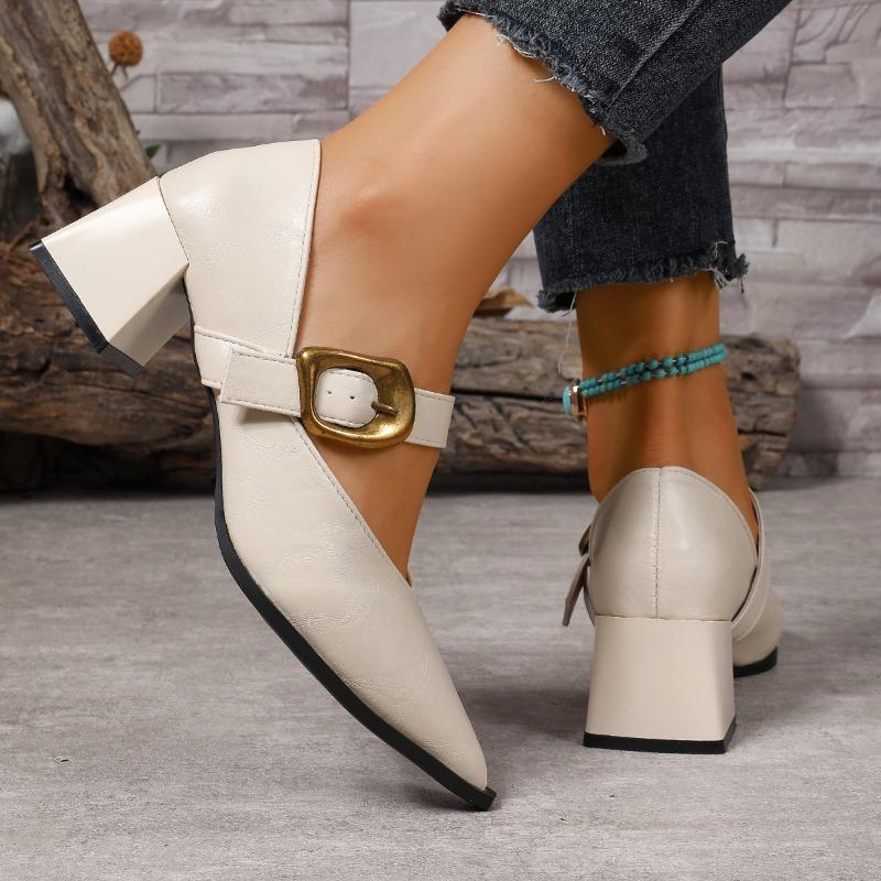 Осень зарубежные толстый каблук пряжка-одно слово Мэри Джейн маленькие кожаные туфли женские европейский и американский стиль острый V-образный вырез каблук одинарные туфли