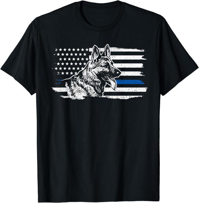 Brand New Limited Edition K-9 Unit German Shepherd Thin Blue Line Patriotic Police T-Shirt