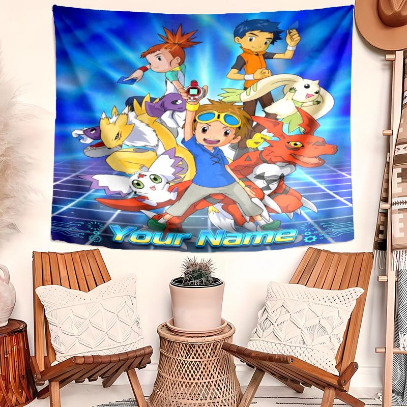 Personalized Name Digimon Tapestry, Wall Hanging Tapestry, Pattern Tapestry for Dorm Bedroom Living Room Wall Art Photography Backdrop