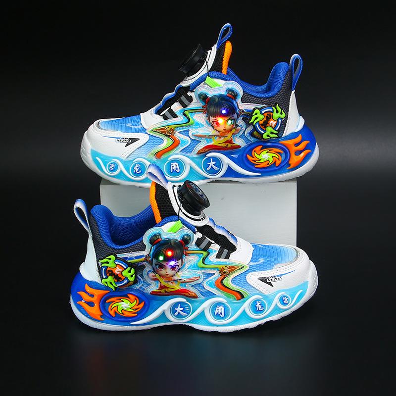 Boys' sneakers with rotating buttons, new light-up summer and autumn mesh breathable children's running shoes